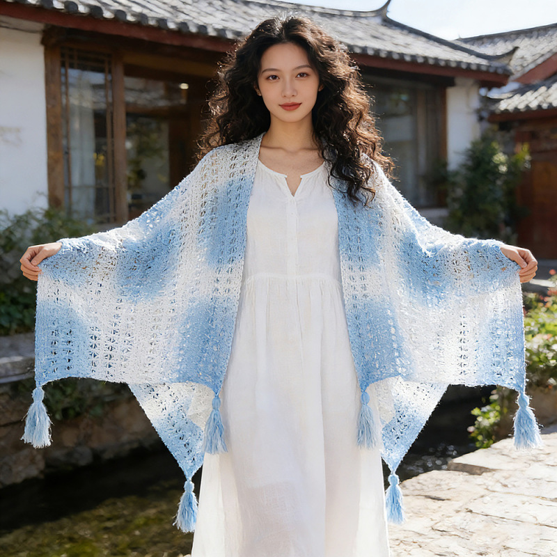 Yunnan Ethnic Style Versatile Tie-Dye Color-Blocking Hollow-Out Cardigan Shawl Coat Cape with Straps for Layering