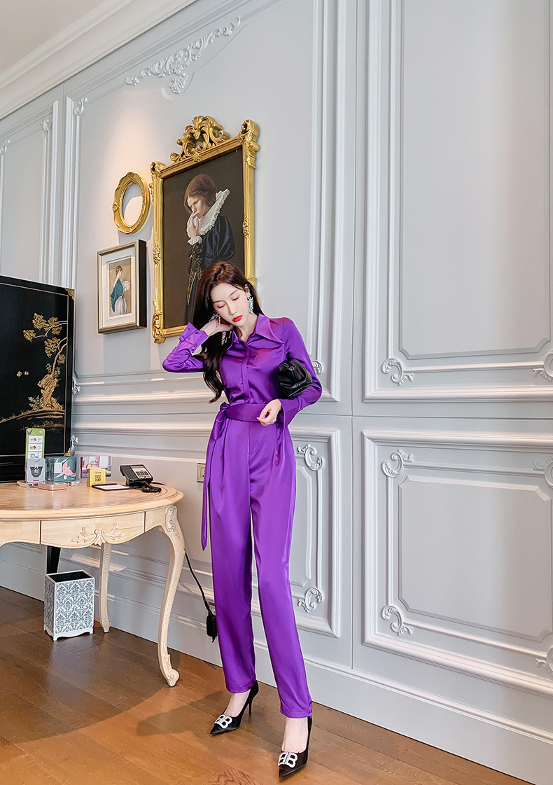Set áo sơ mi tay dài kết hợp quần ống rộng cạp cao nữ thanh lịch — Màu tím chi tiết 21