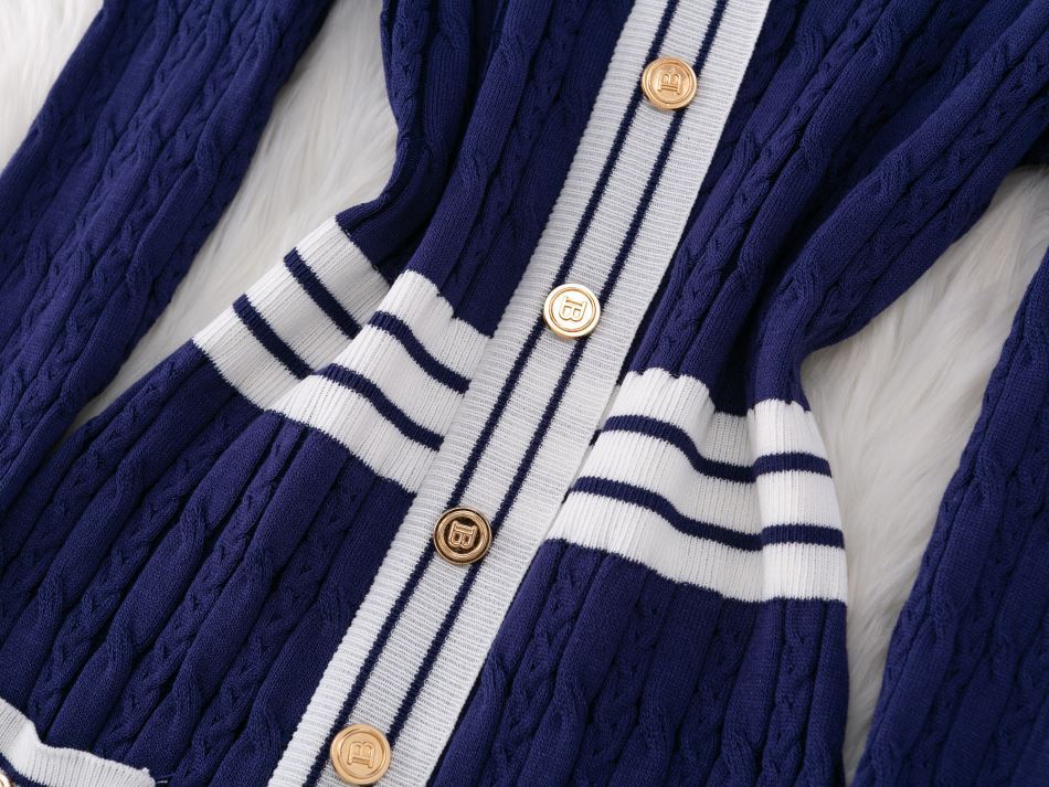 Slim Fit Knit Dress With Striped Pattern, Elegant High Waist Sweater Dress For Women, Casual Office Wear, Long Sleeve Round Neck Pullover Dress_ecoleips.com