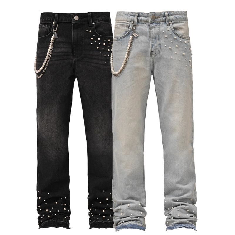 Cross-Border New Men's Denim Straight Pants European and American Street Fashion Ins Popular Elastic Stacked Denim Straight Pants
