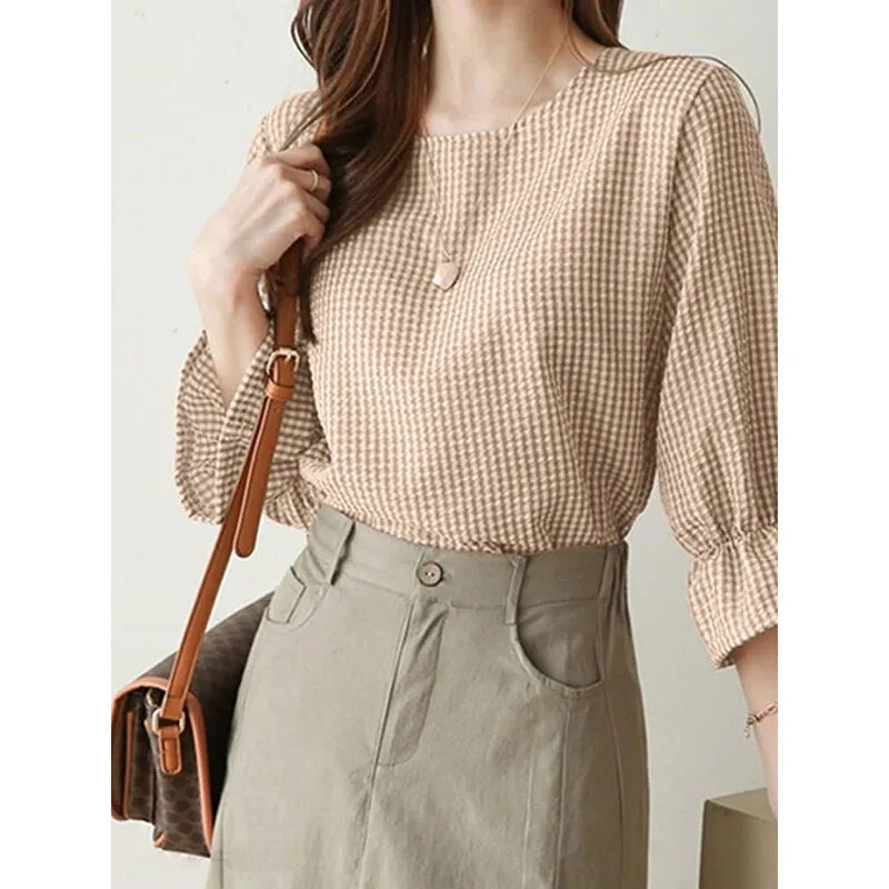 2024 round neck leisure shirt with lotus sleeves for women summer loose mid-sleeve dovetail shirt T check, large in stock