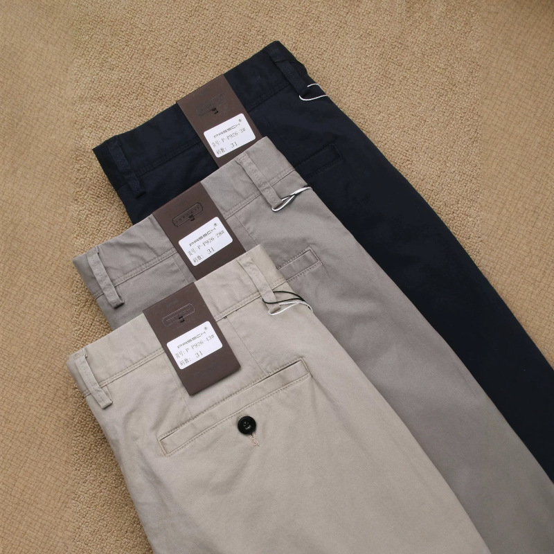 Single-Pleat Straight Loose Pure Cotton Casual Pants, Spring and Summer Thin Stretch Men's Business Commuter Twill Full Cotton Trousers
