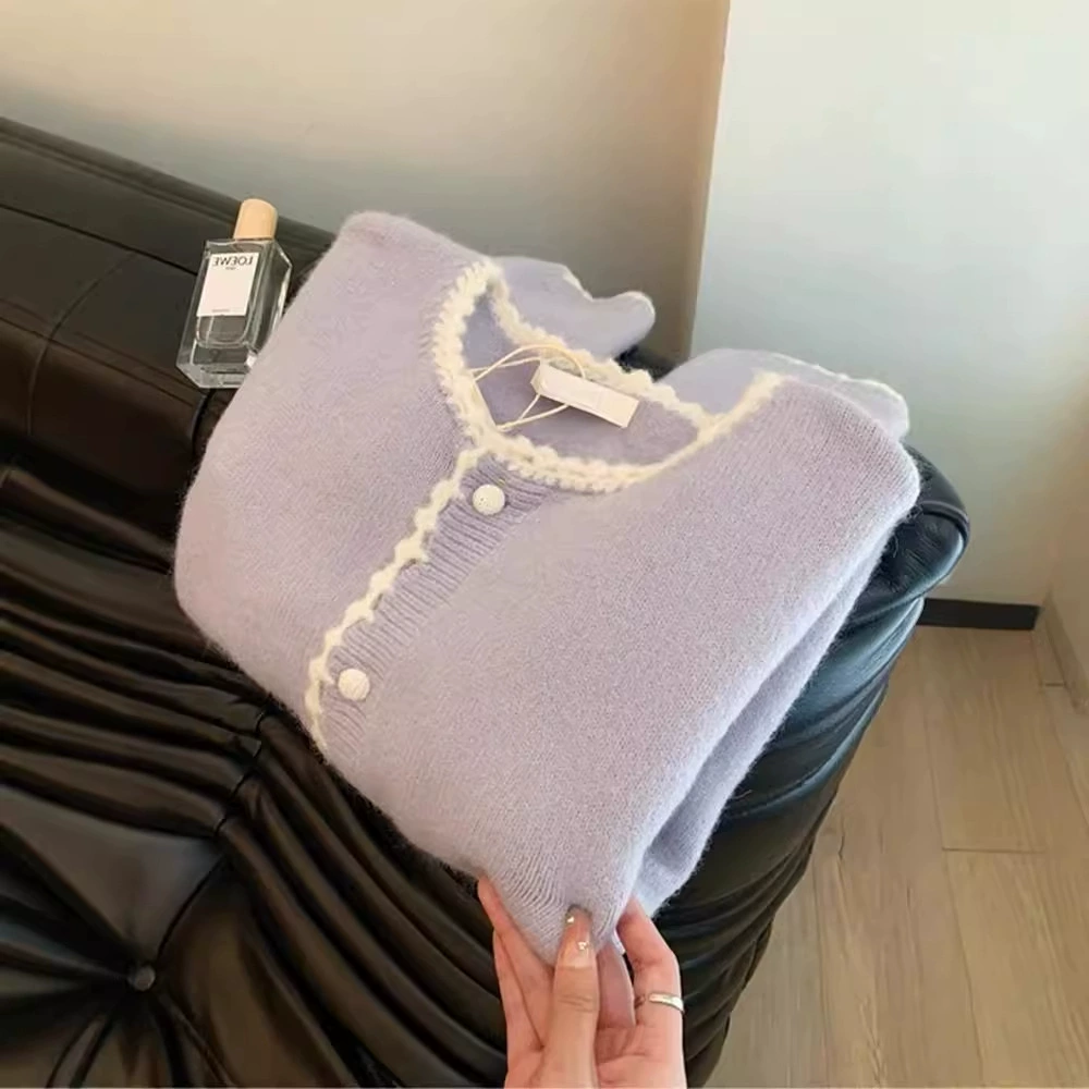Фиолетовый кардиган с круглым воротником, демисезонный свитер, стиль Chanel, тренд сезона