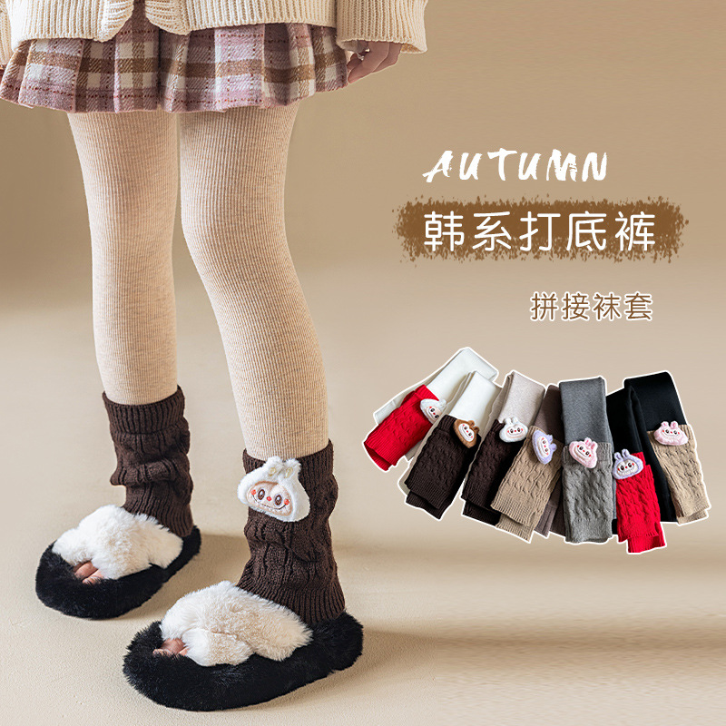 Autumn and winter thin fleece cartoon fabric leggings for girls and children, fleece-lined and thickened baby tights