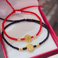 足金999逢考必过黄金手链3D硬金胜字转运珠皮绳旗开得胜送孩子礼