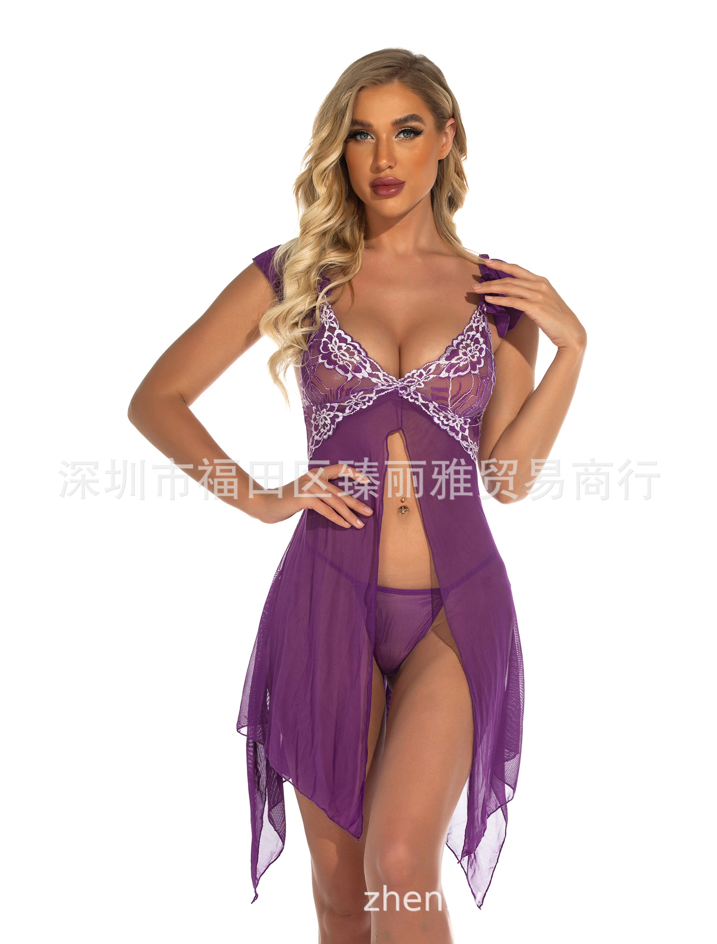 欧美新款情趣内衣 紫色蕾丝拼接透视吊带裙 前开式心机睡衣4029