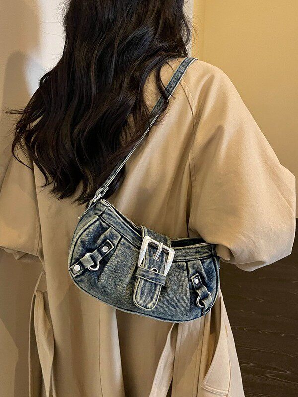 Túi đeo chéo nữ dáng hộp nhỏ kẹp nách vải denim xếp nếp phong cách Hàn Quốc — Cao bồi xanh, Màu xanh cổ điển, đen