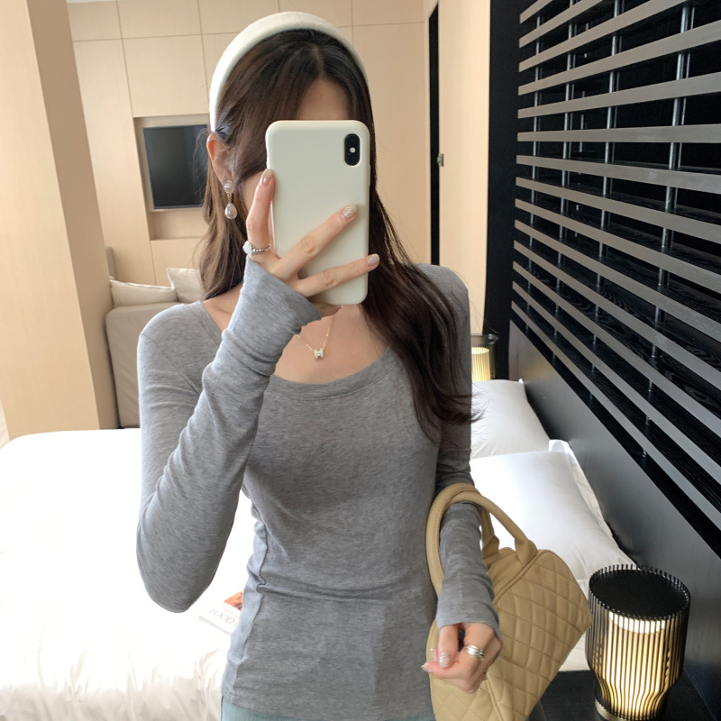 简约纯色圆领长袖T恤女秋季新洋气大弹力显瘦百搭基础内搭打底衫|undefined