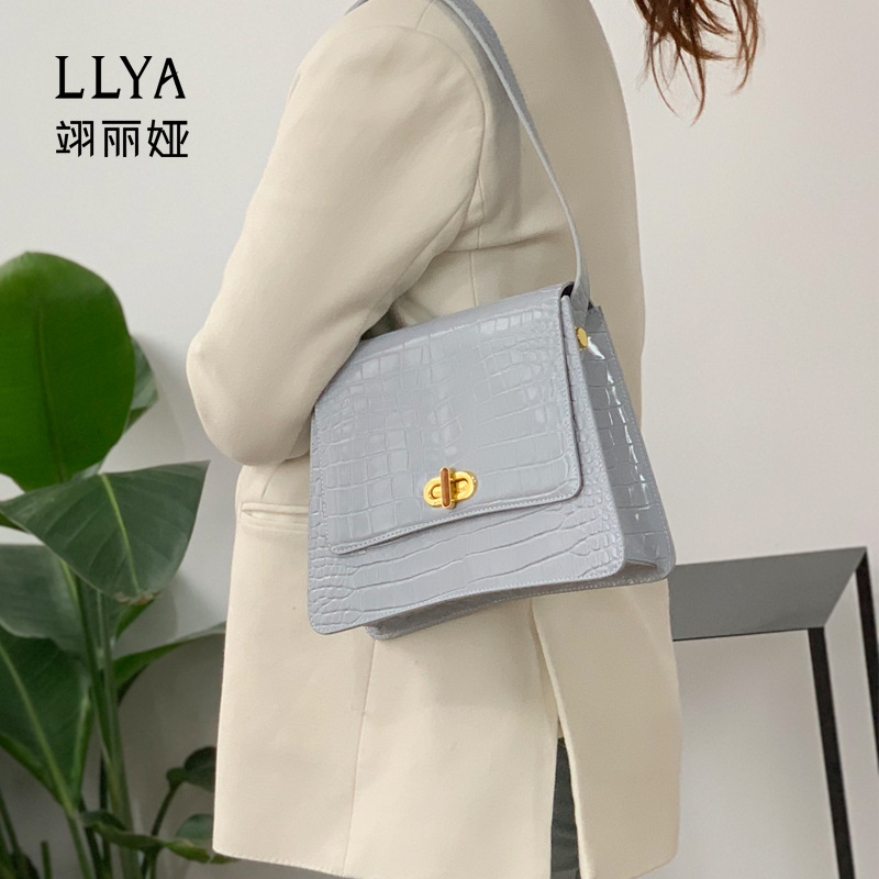 2021春新真皮女包複古腋下小方包時尚簡約單肩包百搭鳄魚紋供僑包