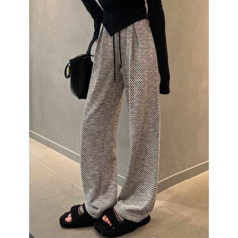Wide-Leg Pants for Women Spring & Fall 2025 New Style Loose Bf Lazy Black and White Diagonal Stripesd Casual Straight Sports Pants for Women