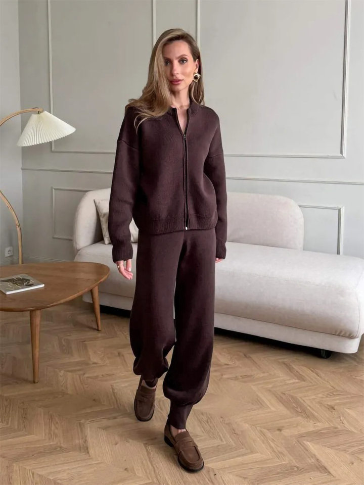 Bộ áo cardigan dệt kim khóa kéo dài tay phối quần ống rộng cho nữ — Màu nâu, Màu trắng, Màu xanh dương