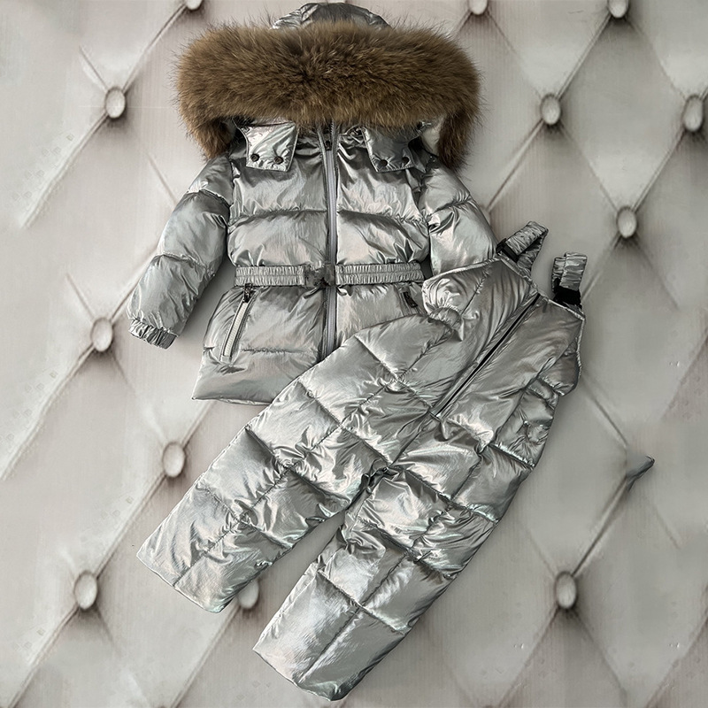 New winter children's down jacket jumpsuit solid color suit big fur collar boys and girls baby children's clothing ski suit