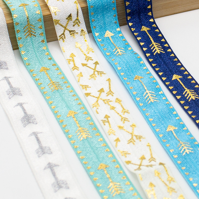 现货1.5CM烫金羽毛箭松紧带烫银打结发带发绳DIY宝宝发带服装辅料