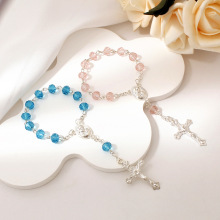 跨境婴儿洗礼粉色水晶念珠十字架手链圣餐婚礼回礼手指链派对礼物