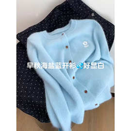 韩系刺绣小花朵圆领针织开衫女2025早秋装新款减龄毛衣外套女上衣