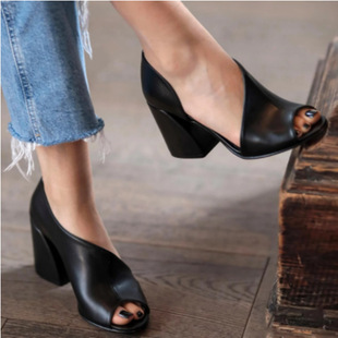 European and American Foreign trade plus size peep toe chunky heel sandals women's cross-border new British style side air high heel single-layer shoes wish supply