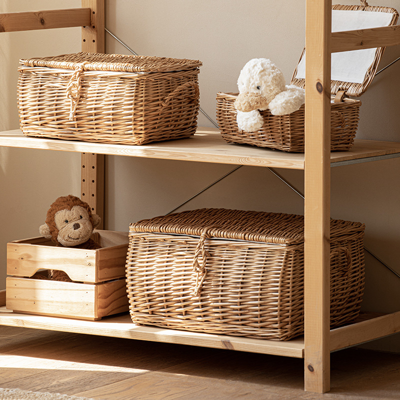 Cesta de almacenamiento de caña personalizada con cubierta caja de almacenamiento de tejido de sauce ropa doméstica juguetes gran capacidad de acabado cesta de almacenamiento