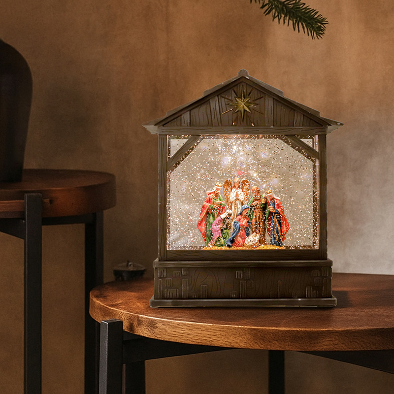 Navidad pesebre casa plana luz de agua regalo de micro paisaje decoración religiosa caja de música decoración de atmósfera de nieve automática
