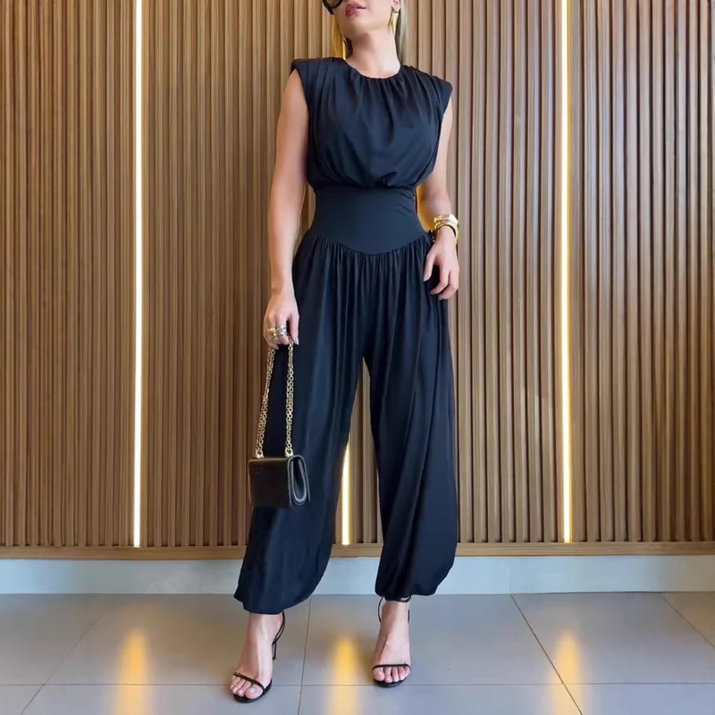 European and American Style Women's Sleeveless Draped High-Slit Jumpsuit with High Waist and Tapered Lantern Pants for a Party Look European and American Style Women's Sleeveless Draped High-Slit Jumpsuit with High Waist and Tapered Lantern Pants for a Party Look