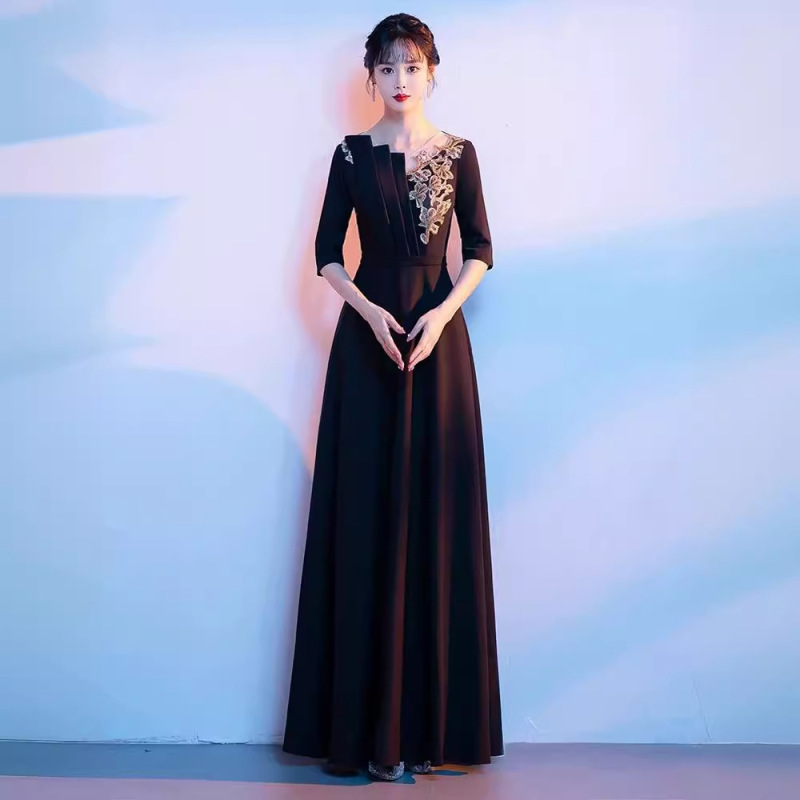 Black chorus costume adult women's long dress slimming poetry recitation host command temperament evening dress