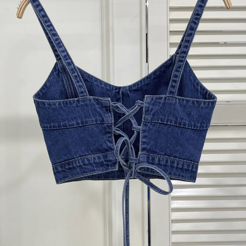 Denim outer wear small camisole Korean style design cross strap beauty back short stackable outer wear top for women Denim outer wear small camisole Korean style design cross strap beauty back short stackable outer wear top for women