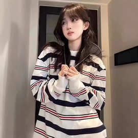 美式高级感条纹oversize卫衣女款春秋宽松慵懒风潮牌长袖t恤上衣