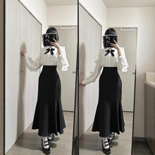 日系量产型珍珠领蕾丝拼接小飞袖可爱衬衫女高腰包臀鱼尾半身裙女