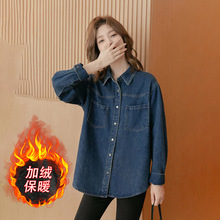 加绒复古牛仔衬衫女冬季新款小个子外穿内搭设计感上衣