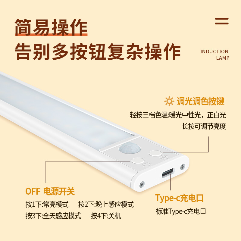 Luz nocturna transfronteriza, tira de luz de sensor de cuerpo humano inteligente, luz de sensor led autoadhesiva, luz de ambiente de carga, armario de vino, cinturón de luz