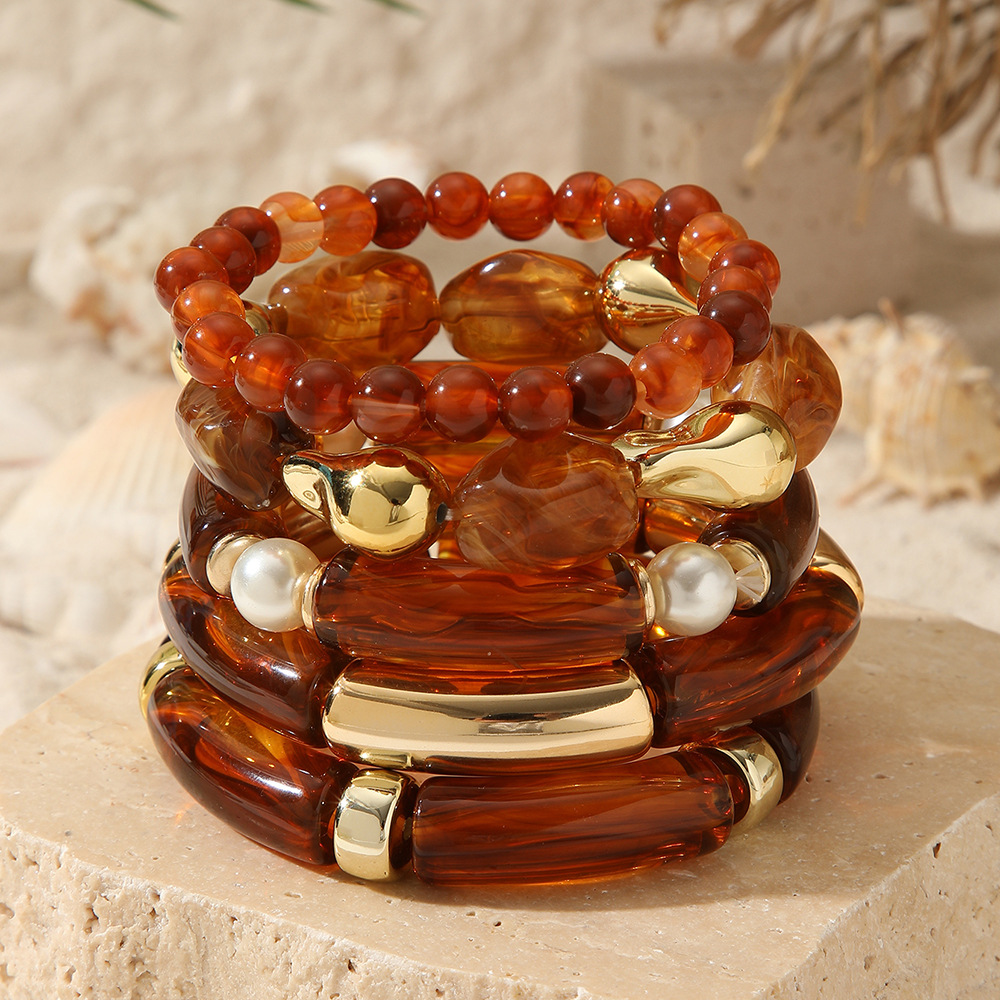 Nuevos productos transfronterizos retro europeos y estadounidenses de bambú tubo acrílico cuentas pulsera de cuerda elástica multicapa para mujeres 3 piezas de brazalete image 19