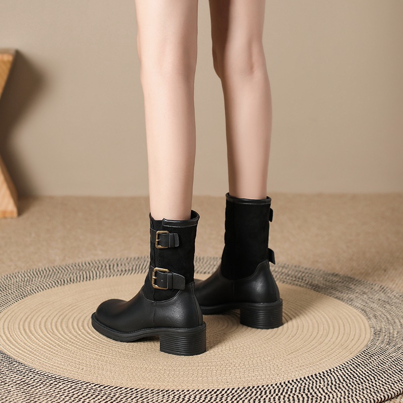 Vintage high-heeled booties Women's boots New fall/winter belt buckle mid-calf single boot chunky heel boots_voghion.com