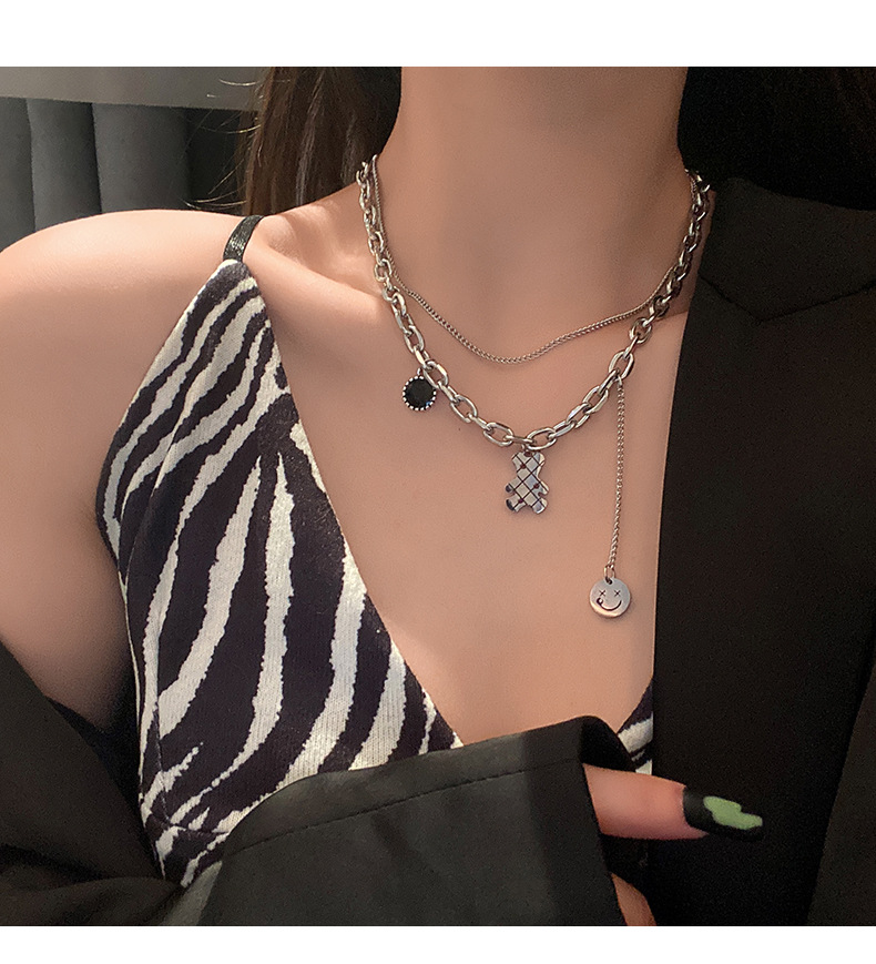 Double Layered Necklace Titanium Steel Teddy Bear Pendant Minimalist_voghion.com