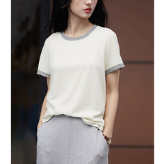 小香風丸首半袖衝突色tシャツ女性2025早春新流行カジュアル気質百合通勤上着