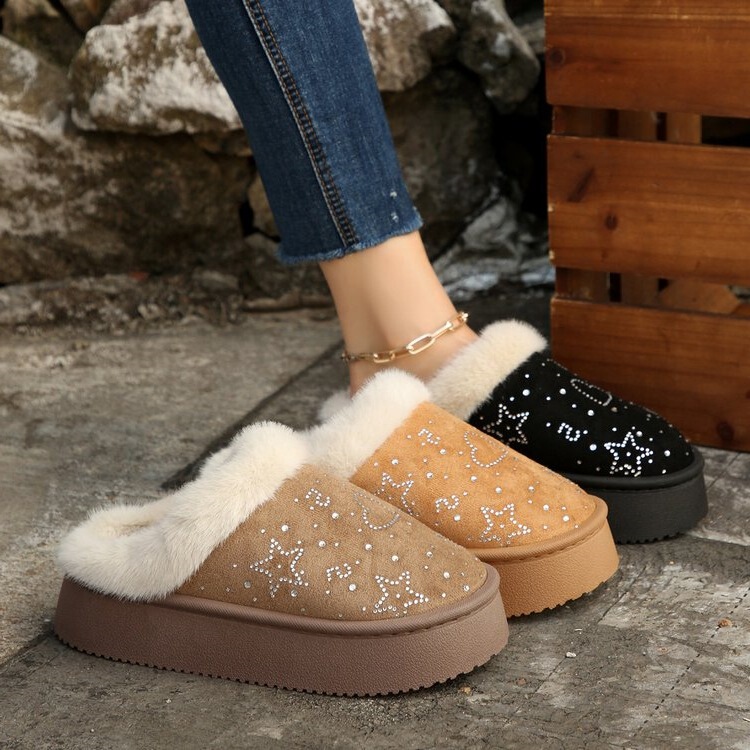 Snow Boots Half Slippers 2025 Autumn New Thick-Soled Non-Slip Sequin Rhinestone Shoes for Women Outer Wear Thickeneded Star Slippers Cotton Shoes for Women