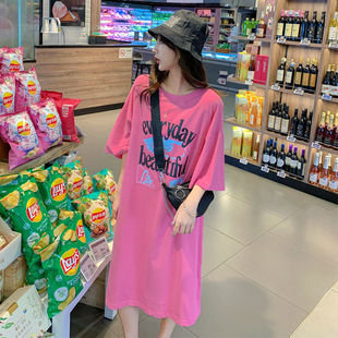 Pregnant Women's Summer Round Neck 200 Jin Dress Loose Printed Short Sleeve Pregnant Women's Dress Fashion Outer Wear Thin Mid-length Dress