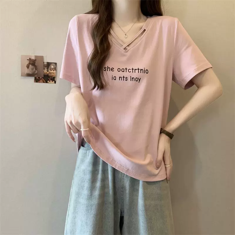 大码女装V领正肩短袖t恤女夏季新款胖mm宽松显瘦洋气体恤外穿上衣