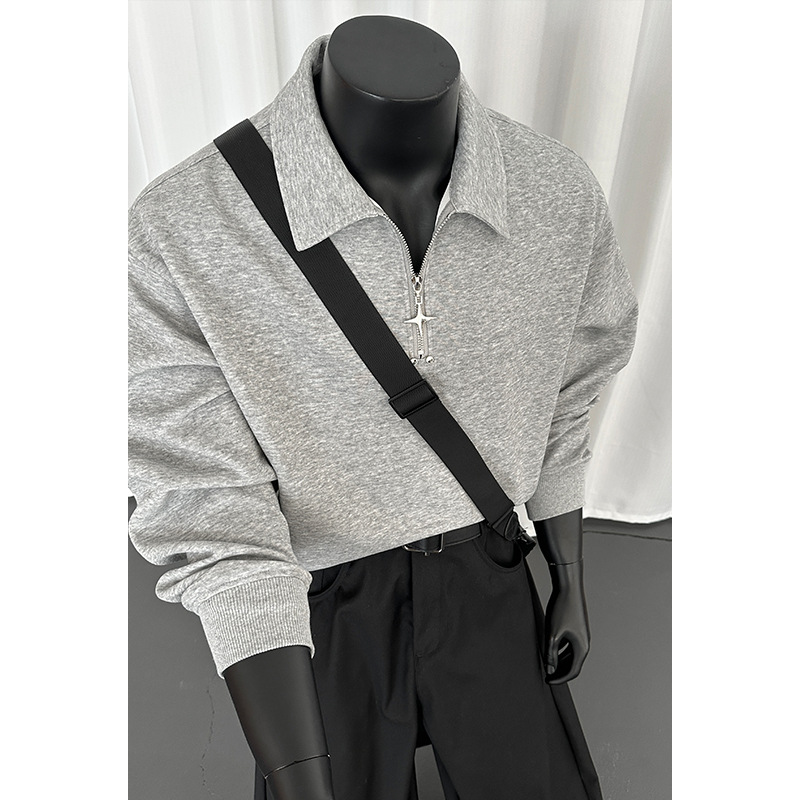 300 g schweres chinesisches Baumwoll-Sweatshirt mit halbem Reißverschluss, Rollkragen und langen Ärmeln für Damen und Herren, lockere Passform, vielseitig._voghion.com