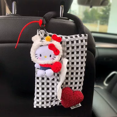 Hanging Bag, In-Car Tissue Box, Car tissue box/set - white-katie-hat-red-envelope-little-blue-cat-heart-black-and-white-checkered-bag