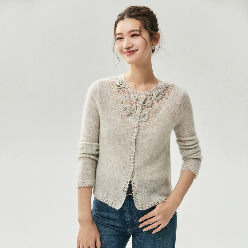 2026 Autumn/Winter New 3D Embroidered Hollow Knit Cardigan for Women, Cashmere and Mulberry Silk, Light Luxury, Gentle Long Sleeve Top