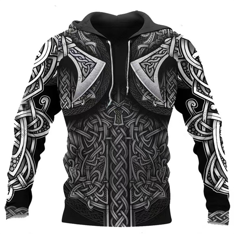 2024 Europa y América Primavera y otoño Moda nuevos hombres Viking Myth Series Cool Armor Print 3D Sudadera con capucha
