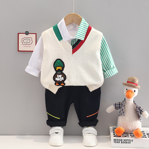 New duck knitted vest color-blocked shirt three-piece set spring and autumn children's suit generation children's clothing male baby autumn clothing trend