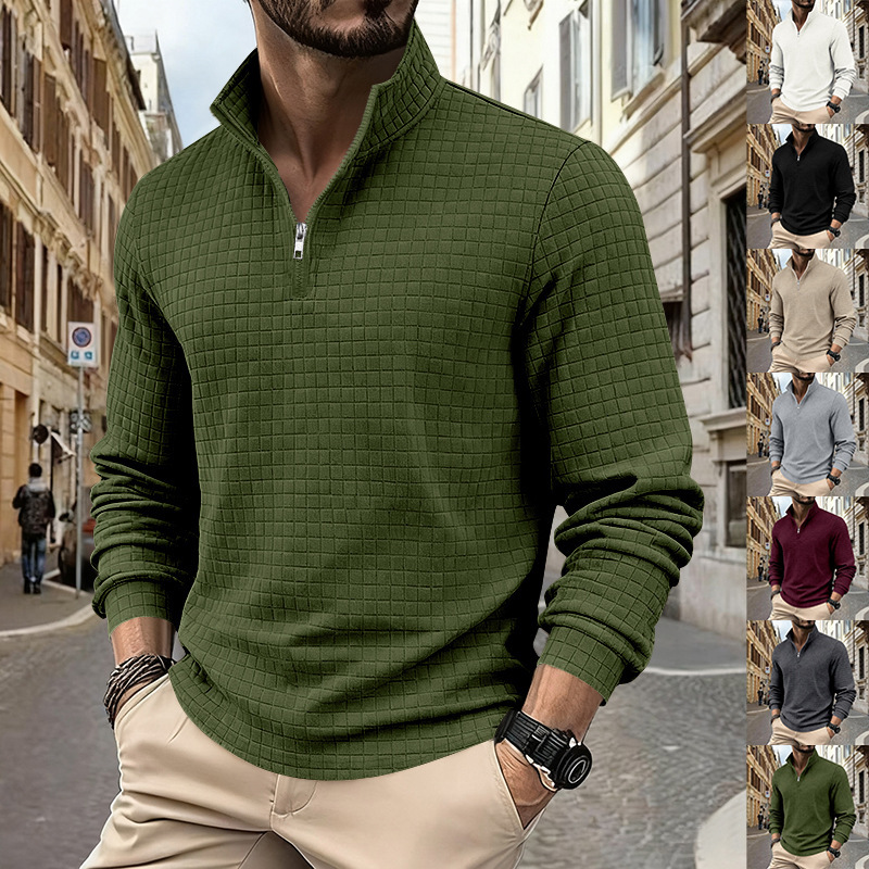 Cross-Border Amazon Men's Autumn and Winter Jacquard Small Square Half-Zip Long-Sleeved Stand-Up Collar Men's Casual Sweatshirt Cross-Border Amazon Men's Autumn and Winter Jacquard Small Square Half-Zip Long-Sleeved Stand-Up Collar Men's Casual Sweatshirt