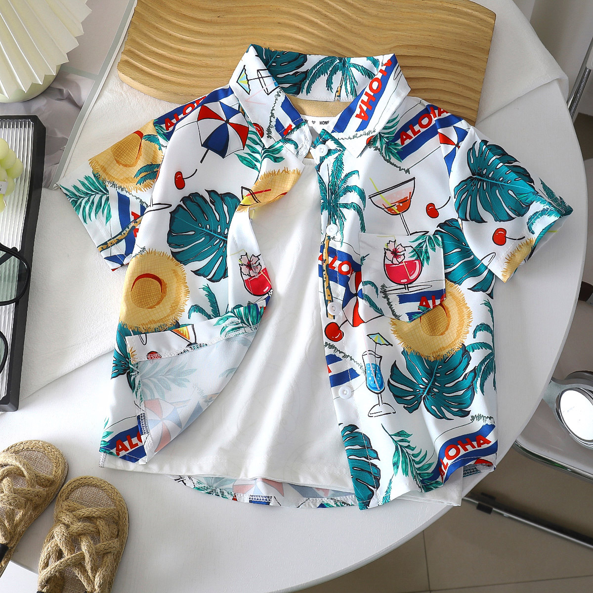 Verano bebés vacaciones de viento impresión puerto viento de manga corta suelta camisa para niños camisa para niños