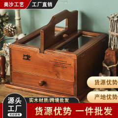 Handheld sewing kit drawer-style desk organizer zakka medicine box wooden compartment with lid cosmetic storage box