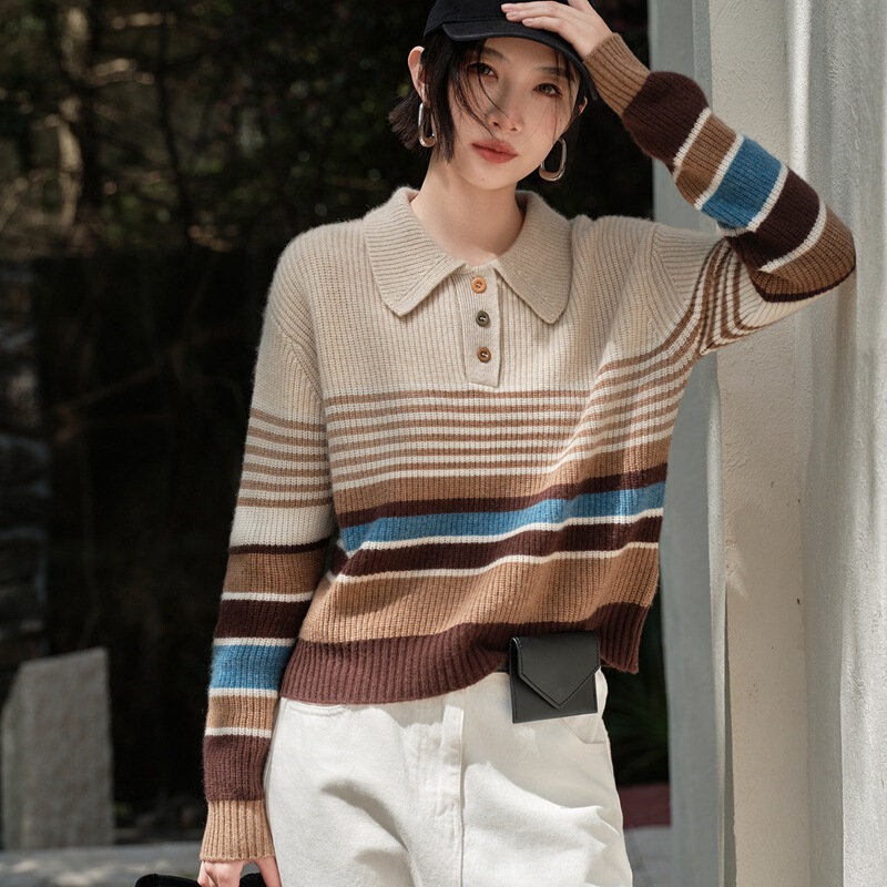 Autumn and Winter New Product 100% Cashmere Polo Collar Stripesd Shirt Fashionable and Slim Loose Thickeneded Sweater Top for Women