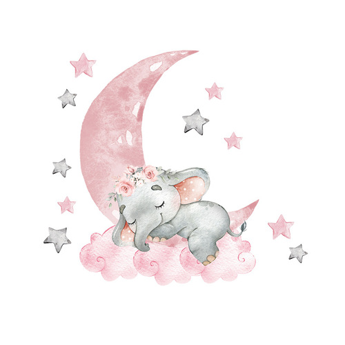 BR93094 Pink Moon Stars Sleeping Elephant Wall Sticker New Cartoon Children's Room Wall Decoration Sticker