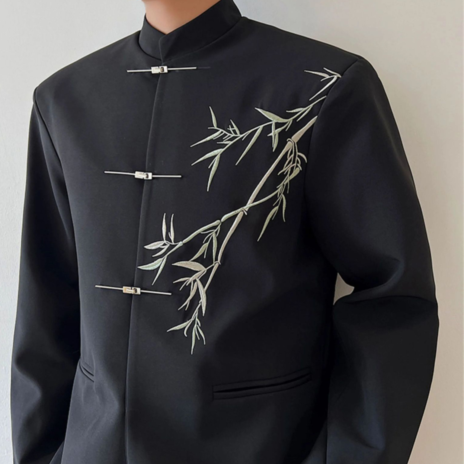 1 Yeni Çin Hafif Ulusal Üst Siyah Dik Yaka Bambu Batı Ceket Erkek İlkbahar Sonbahar Uçak Düğmesi Etnik Stil_voghion.com