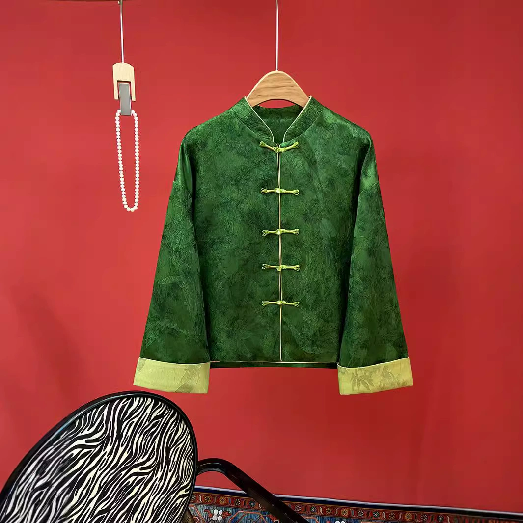 Осенняя винтажная куртка, новая женская одежда в китайском стиле, жаккардовая блузка в этническом стиле с воротником-стойкой, длинными рукавами, на пуговицах, с рукавами в стиле пэчворк, новая осенняя модель.