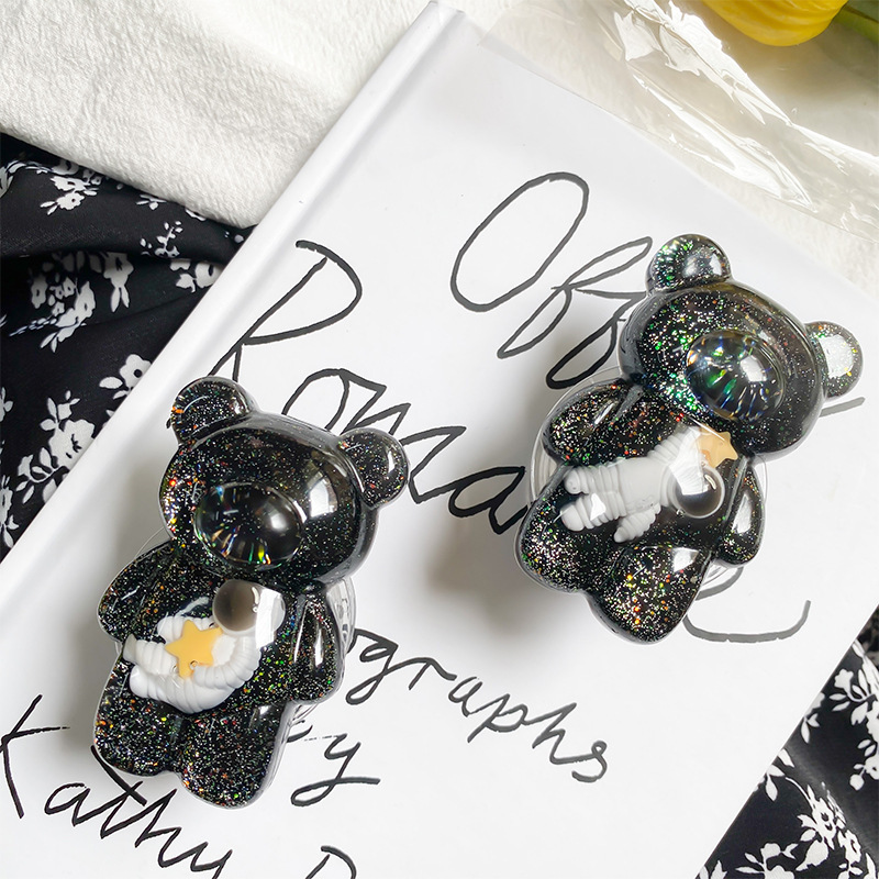 Support de téléphone ours en peluche créatif et mignon, airbag, autocollant arrière d'astronaute, support de bureau rétractable à paillettes_voghion.com