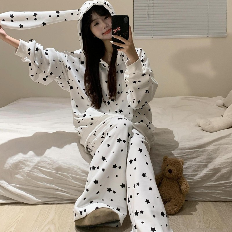 韩系慵懒风ins星星印花兔耳朵连帽睡衣女秋款长袖长裤家居服套装|undefined